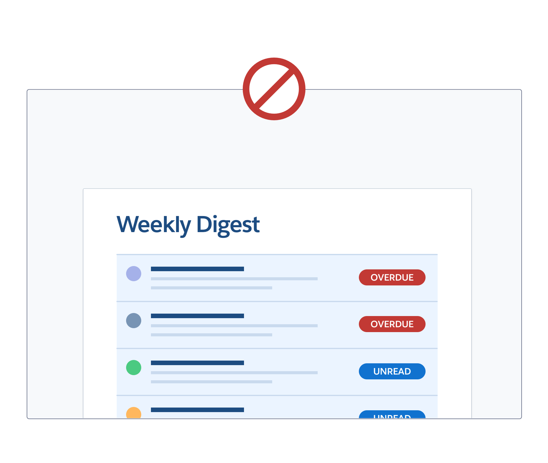 An illustration showing an incorrect example of urgent notifications being included in a weekly e-mail digest.